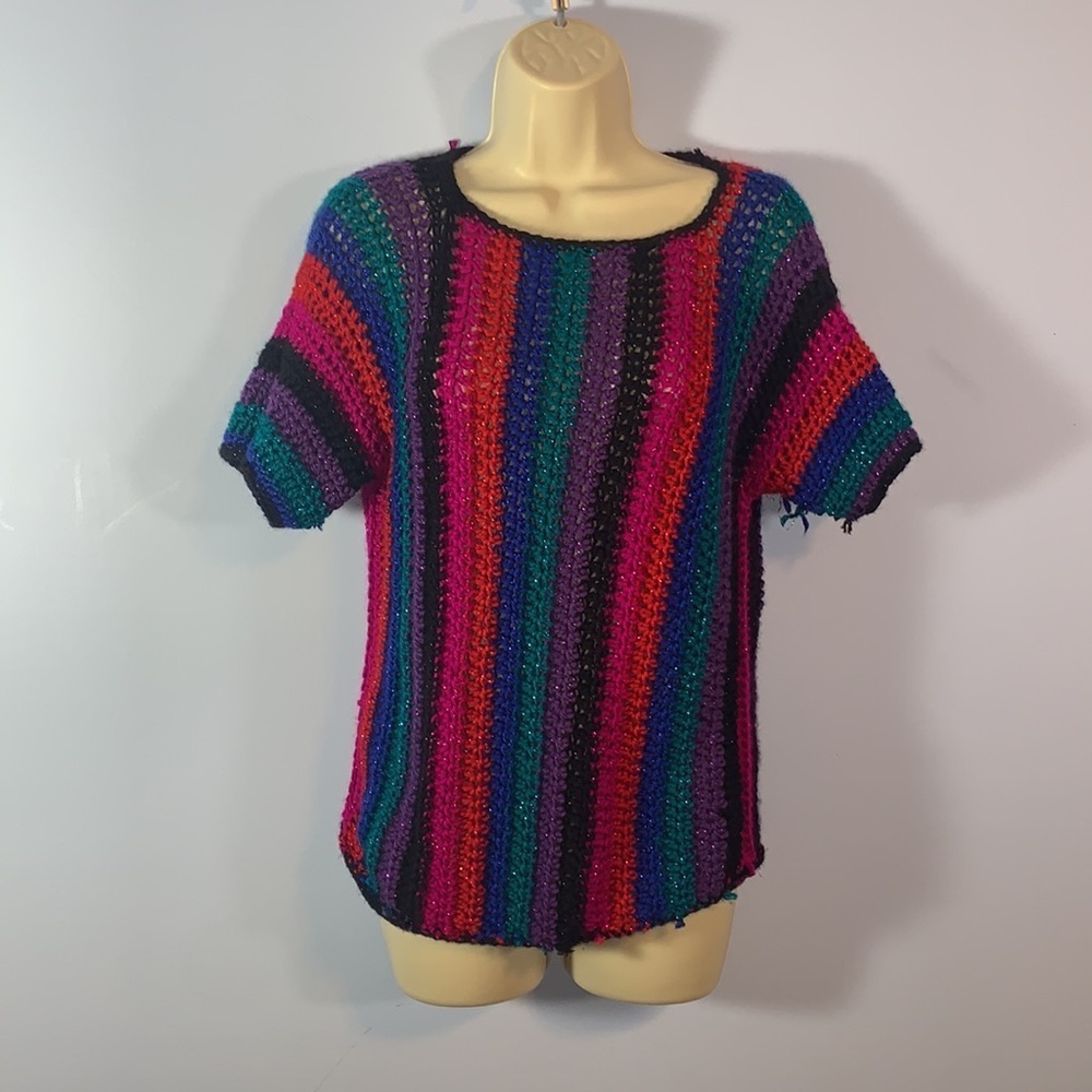 Custom homemade vintage glitter knit 80’s short sleeve sweater loose knit stripe